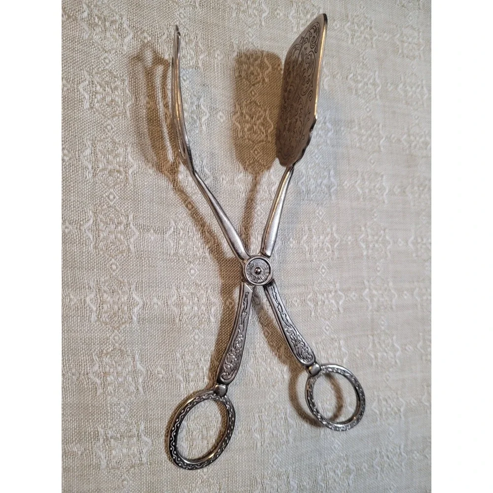 Antique Victorian‎ Silver Plated Cake Server Tongs with Ornate Engraving